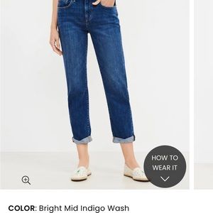 Loft super soft girlfriend fit mid rise, mid indigo rinse jeans , size 0 petite